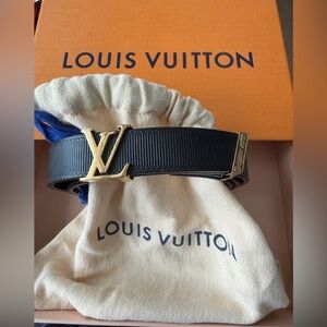 Louis Vuitton Black leather grosgrain Belt Gold Monogram Buckle LV  32/80